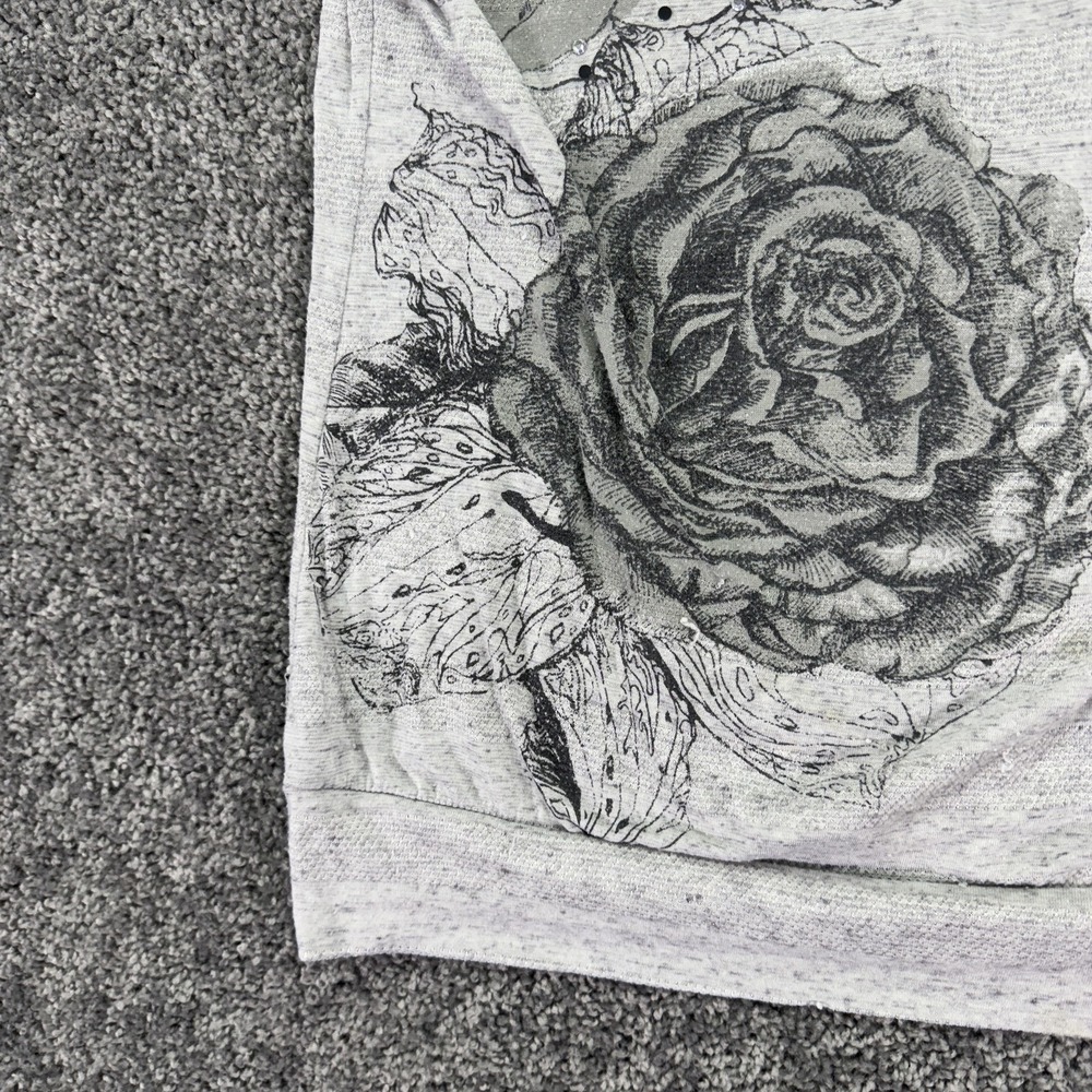 Vanity Shirt Womens Large Gray Floral Rhinestone Top Casual City Flower - Picture 8 of 16